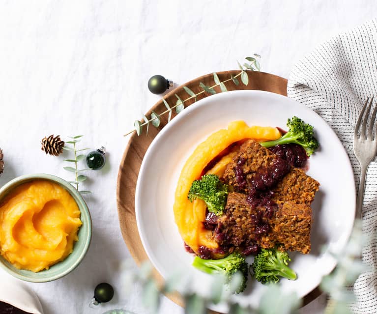 Terrina de legumbre con brócoli y puré de batata