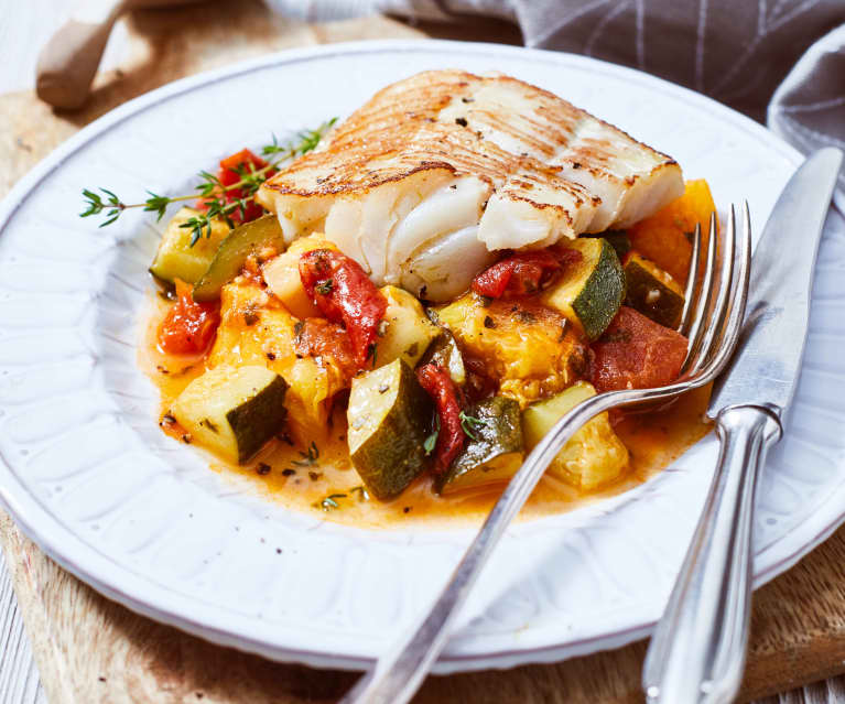 Kabeljaufilet mit Nektarinen-Tomaten-Ragout