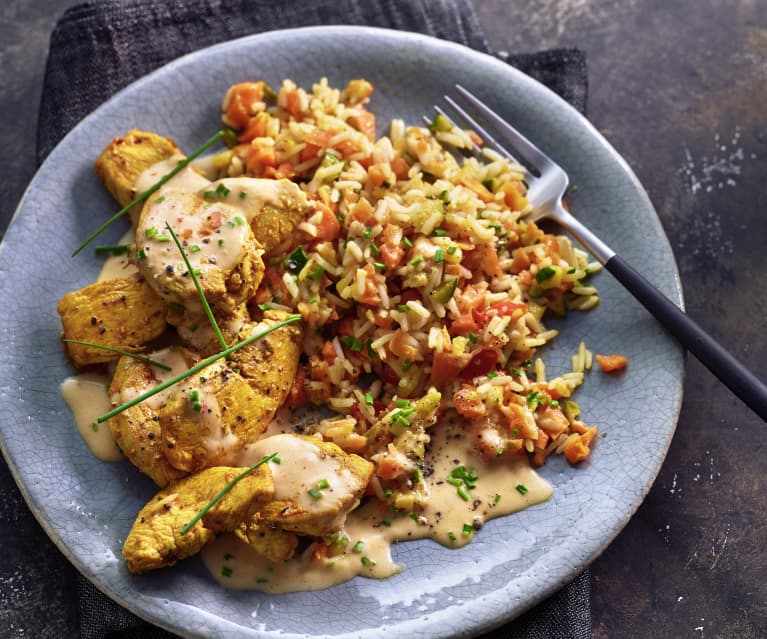 Pollo con riso alle zucchine e carote