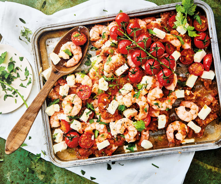 Crevettes à l'ail, tomate et feta