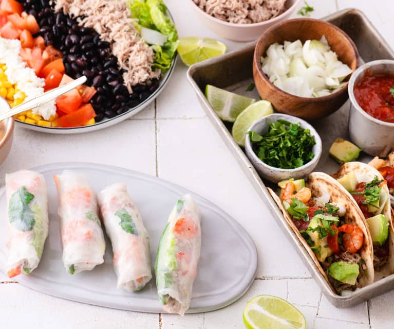 1 receta, 3 platos: Rollitos vietnamitas con pulled pork. Tacos con pulled pork. Ensalada de judías negras con pulled pork 1 receta, 3 platos: Rollitos vietnamitas con pulled pork. Tacos con pulled pork. Ensalada de judías negras con pulled pork