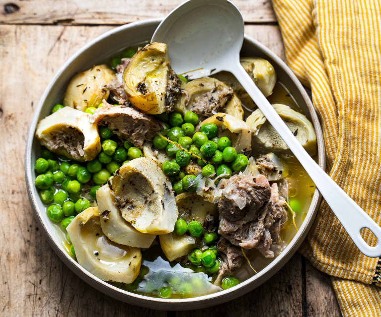 Recette Tagine d'agneau aux pommes de terre, petits pois et fonds  d'artichauts