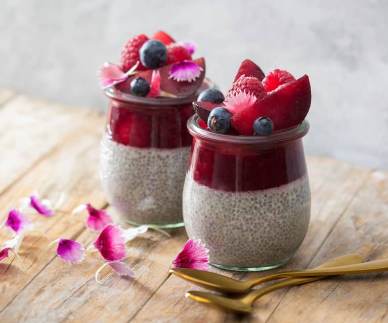 Plum and raspberry chia puddings