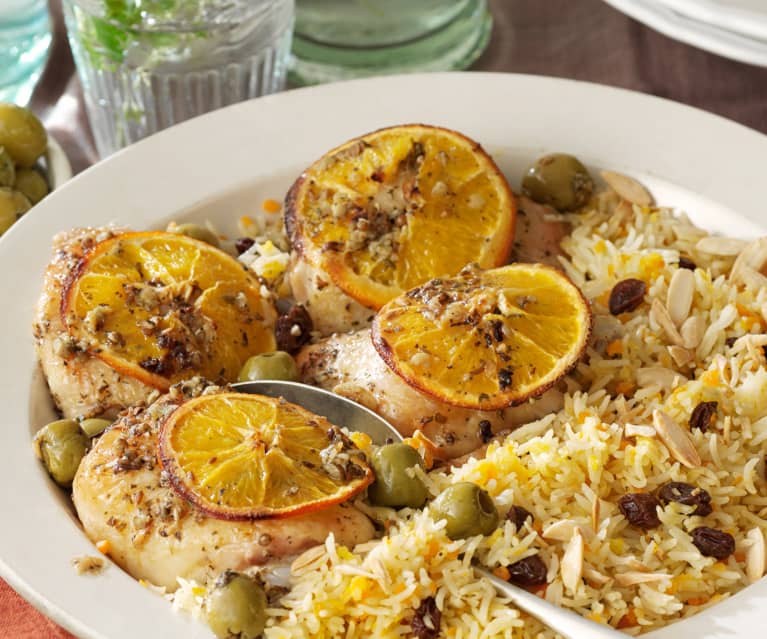 Poulet rôti aux épices et à l'orange, riz basmati et raisins secs