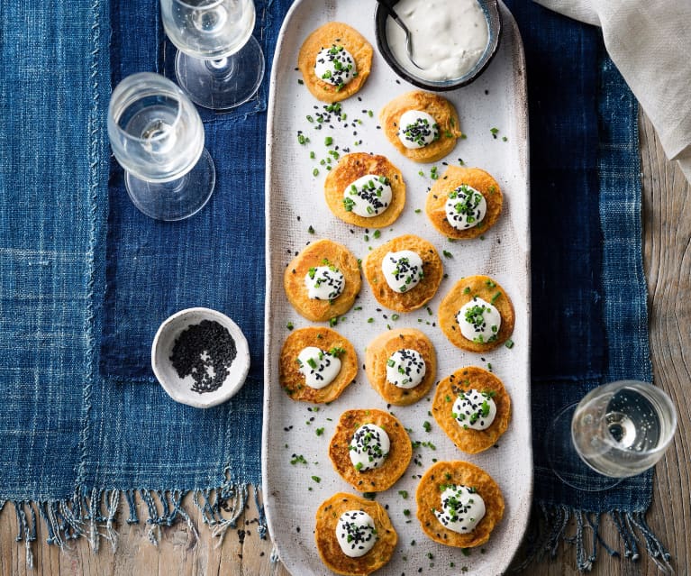 Sweet potato blini with cumin & sesame crème fraîche