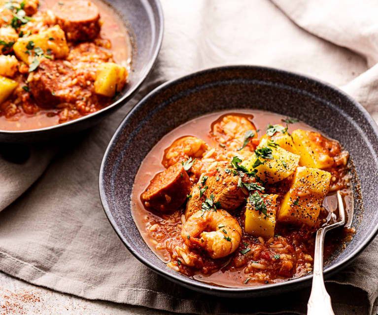 Jambalaya au chorizo, crevettes et mangue