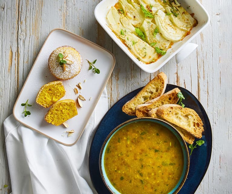 Minestra saporita di lenticchie, finocchi al Parmigiano Reggiano e muffin di carote e mandorle