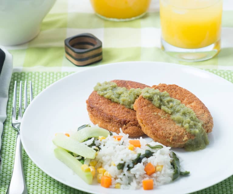 Tortitas de camarón en salsa verde con arroz blanco y verduras - Cookidoo®  – la plataforma de recetas oficial de Thermomix®