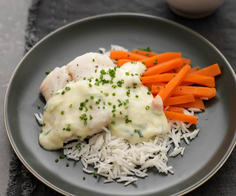 Poached Cod with Leek Sauce, Steamed Carrots and Basmati Rice
