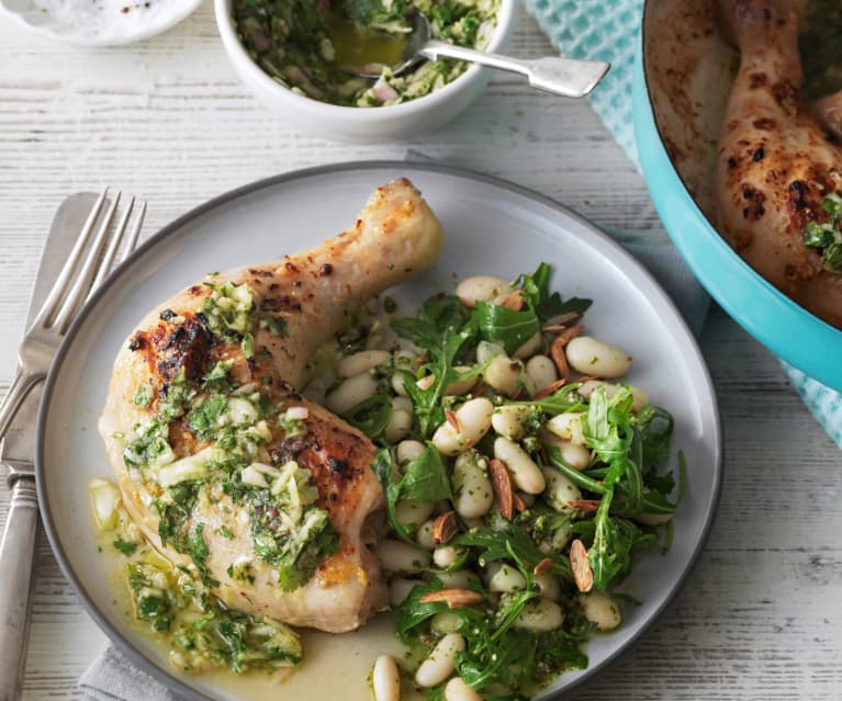 Poulet rôti, salade de haricots blancs au pesto de roquette