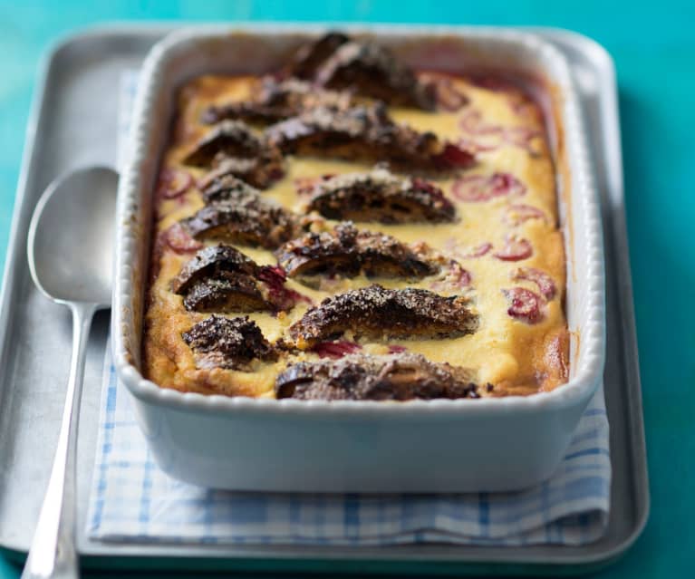 Rhubarb and ricotta bread and butter pudding