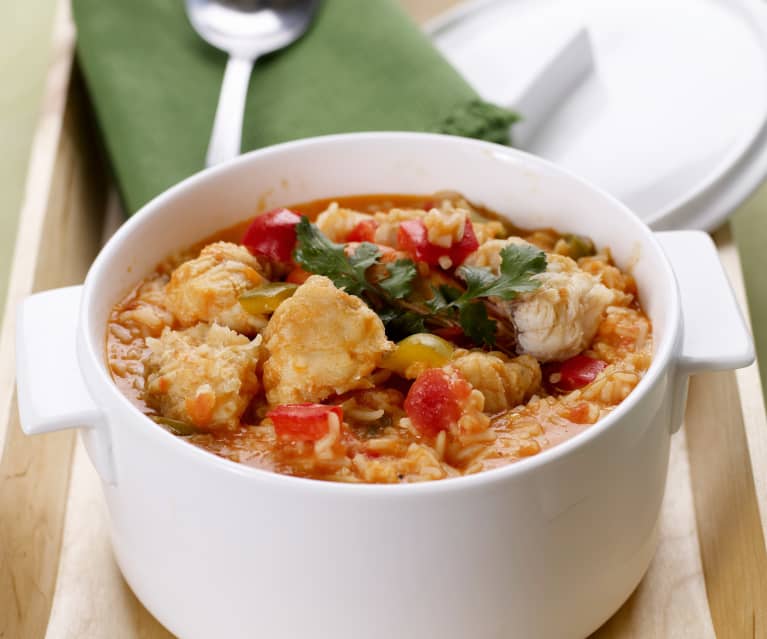 Pescado en caldo de arroz con verduras