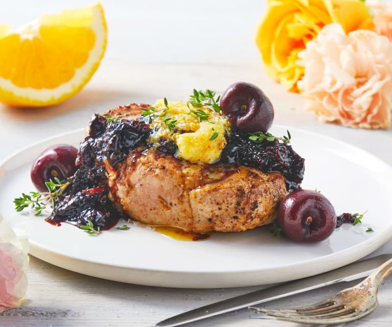 Sous Vide Orange Thyme Pork Chops with Cherry Port Sauce