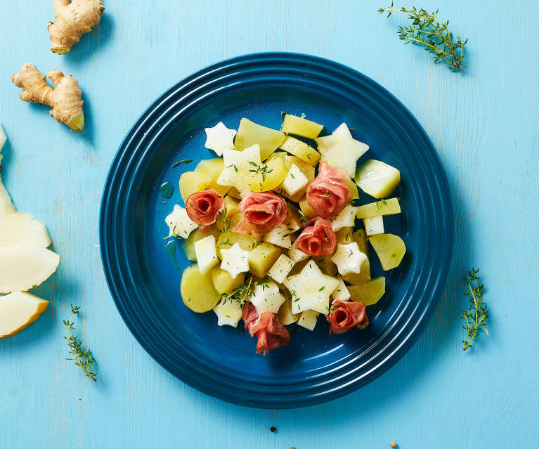 Insalata speziata di patate, melone e speck