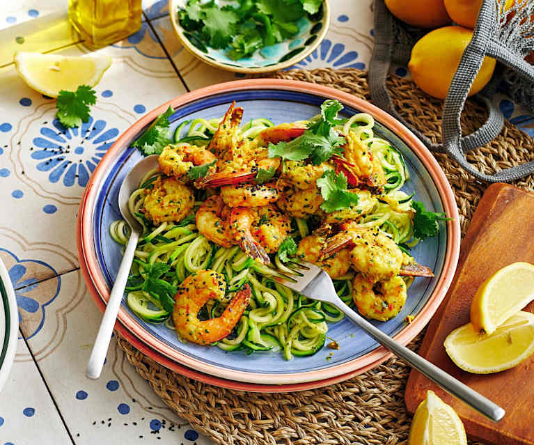 Spicy coriander prawns with zucchini noodles