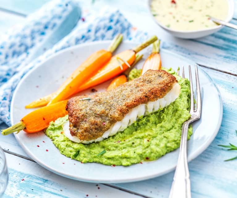 Poisson pané et purée de petits pois