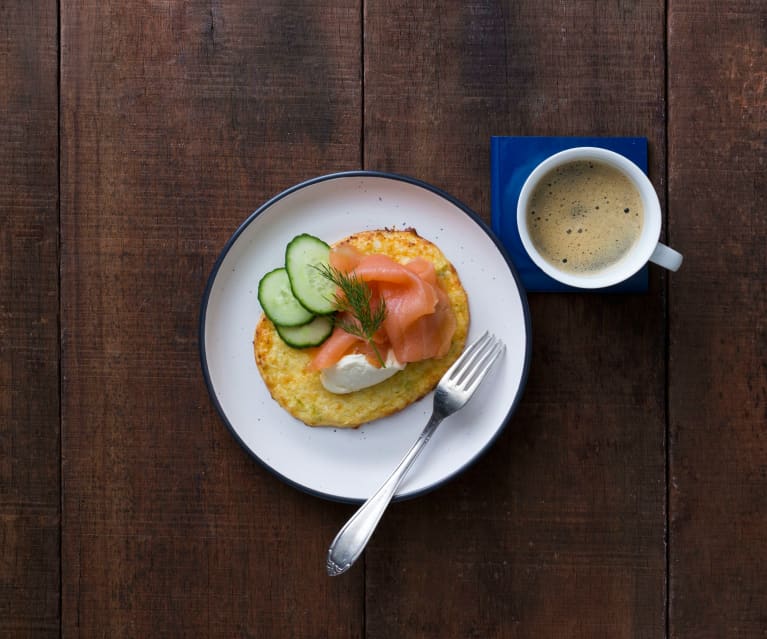 Cauliflower hash browns with smoked salmon and sour cream