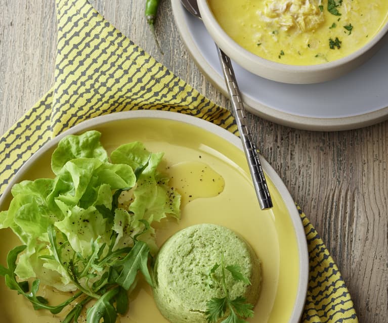 Sopa de frango e milho verde e Terrinas de brócolis