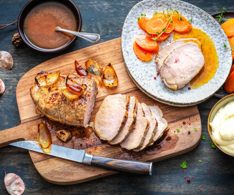 Rôti de veau, sauce au cidre, purée de panais et carottes Vichy