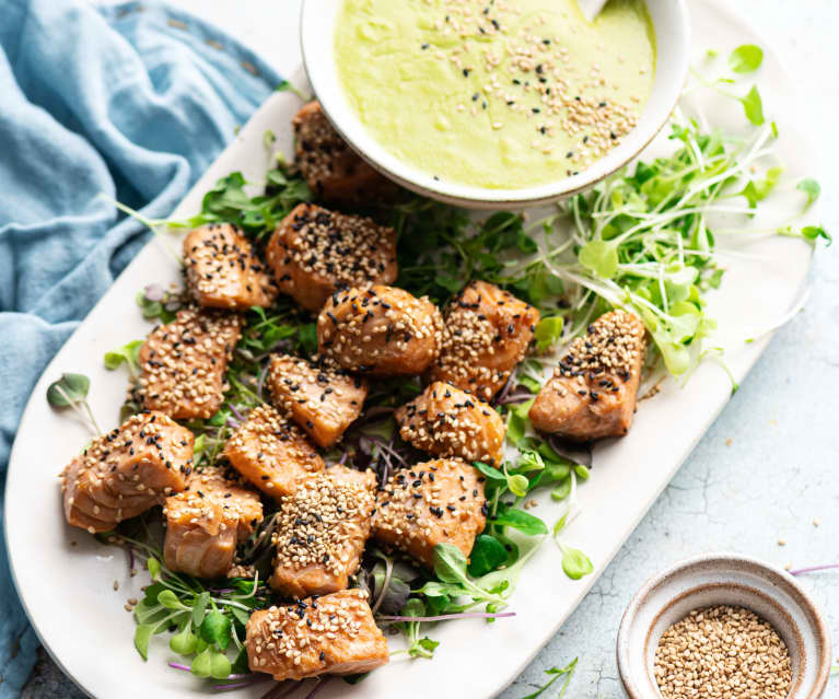 Sesame salmon and pea soup