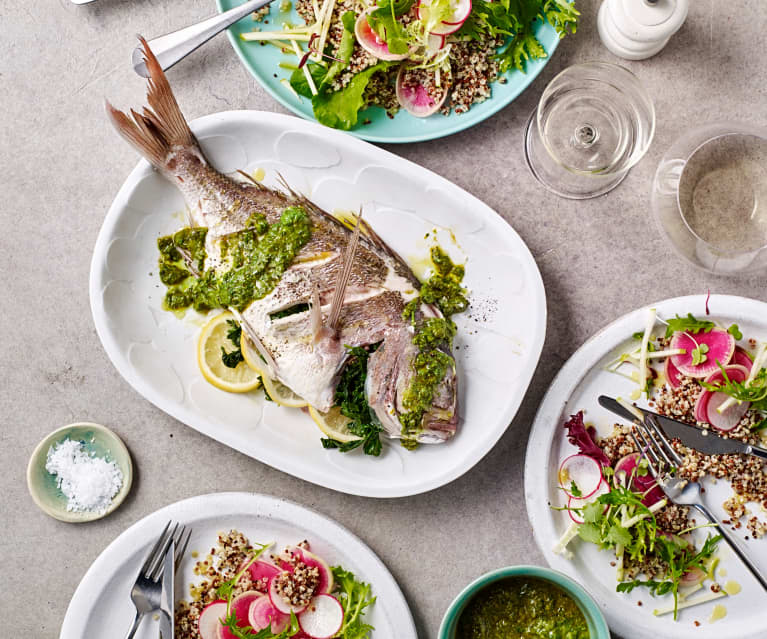 Steamed whole fish with quinoa salad and salsa verde