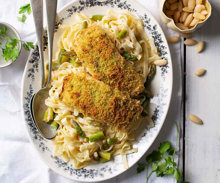 Almond Crusted Salmon with Asparagus Pappardelle