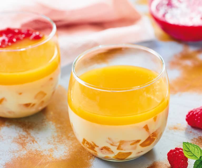 Pannacotta à la mangue, coulis de framboises