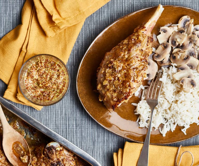 Cuisses de dinde à la moutarde, riz basmati aux champignons