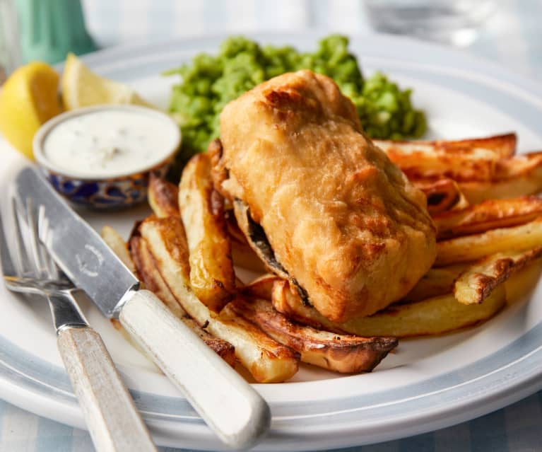 Beer-Battered Tofish, Mushy Peas,Tartare Sauce and Chips Beer-Battered Tofish, Mushy Peas,Tartare Sauce and Chips