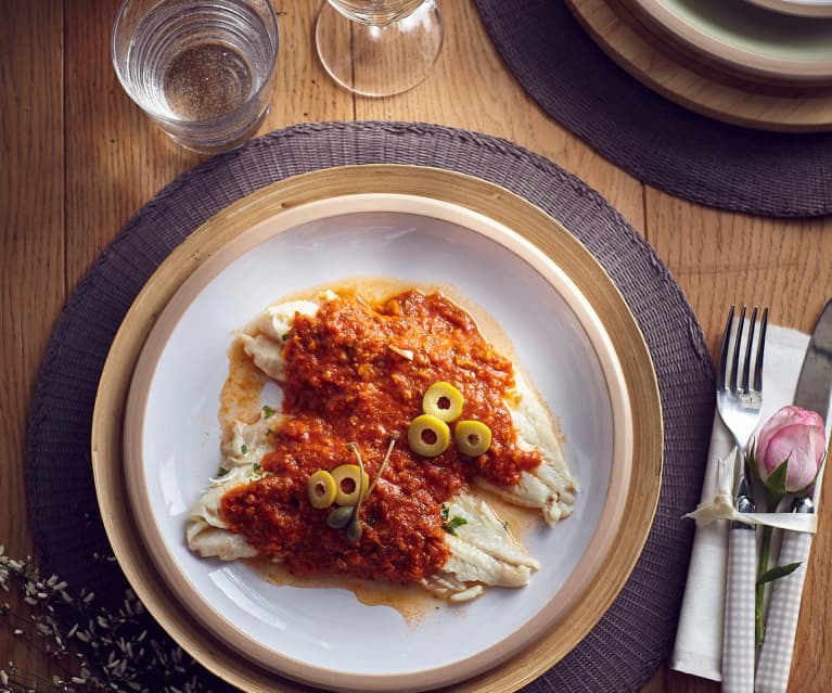 Filetto di pesce al vapore con salsa al pomodoro e olive (TM6)