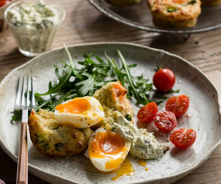 Smoked salmon muffins with steamed eggs and herbed relish