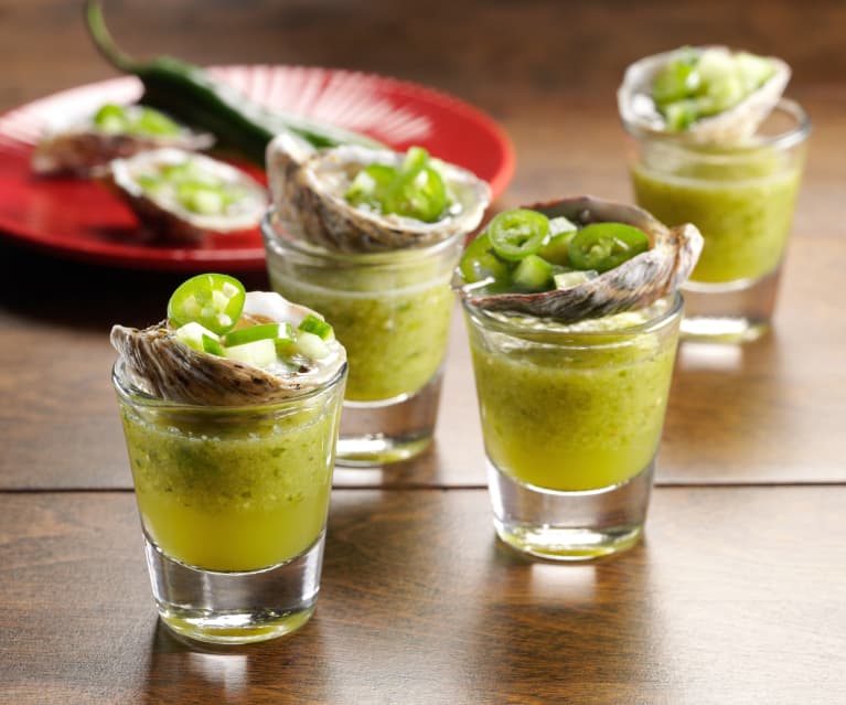 Spicy shots med tomatillo og østers