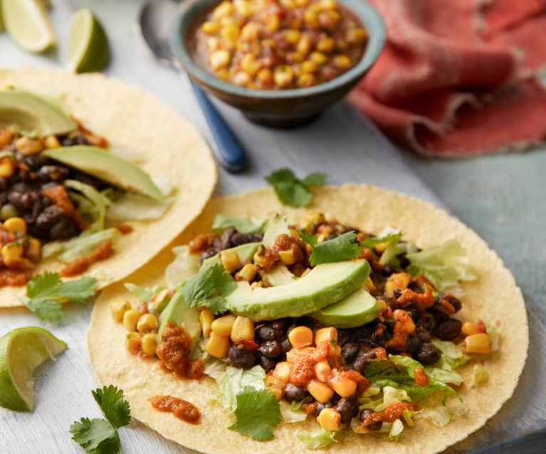 Mexican Black Bean Tacos with Sweetcorn Salsa and Avocado 