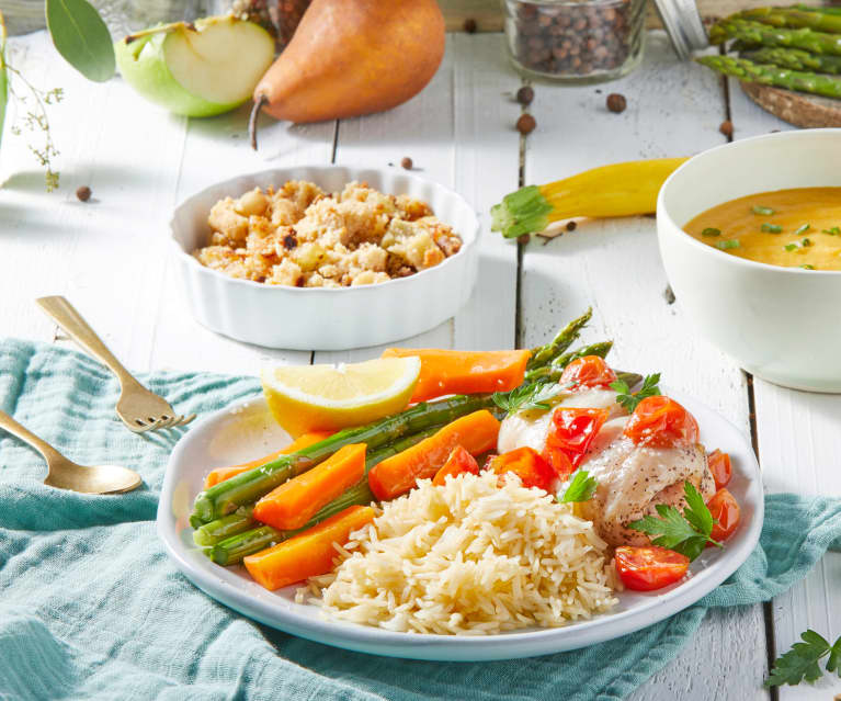 Summer Squash Soup, Fish with Rice and Vegetables, Apple-Pear Crumble