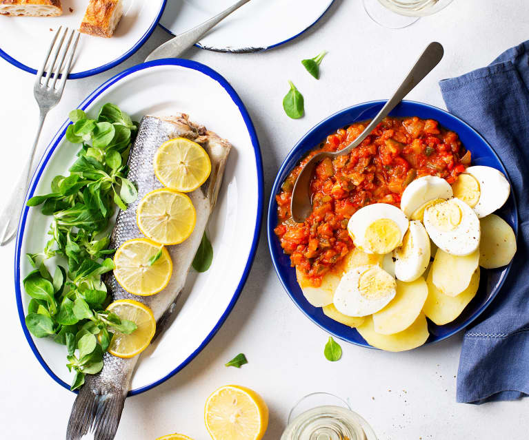 Menú completo: pisto y lubina con patatas y huevos