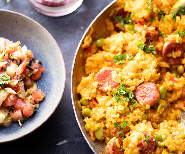 Menù: Paella; insalata pipirrana; mousse al cioccolato (Bimby Friend)