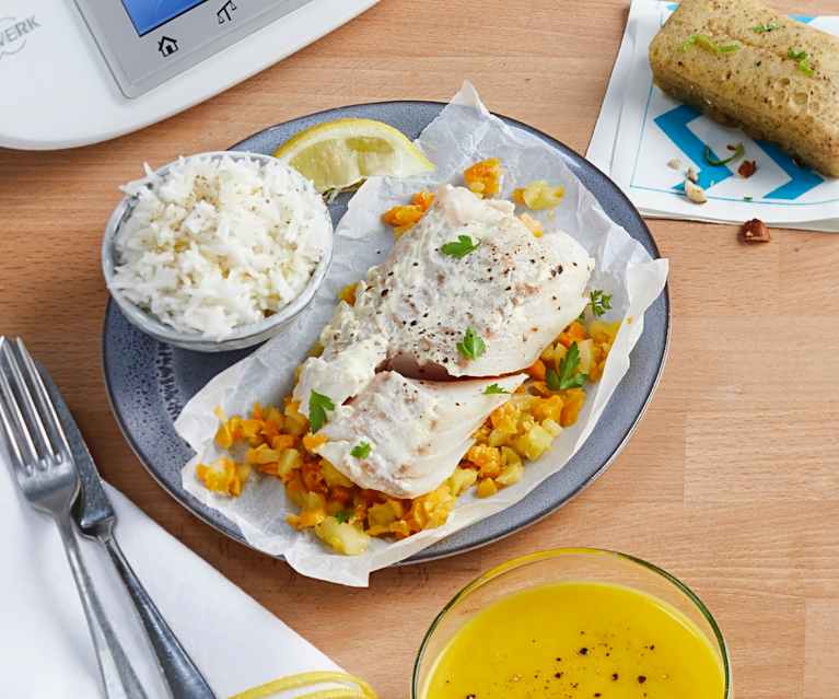 Papillote de poisson aux légumes d'automne et moelleux au citron vert