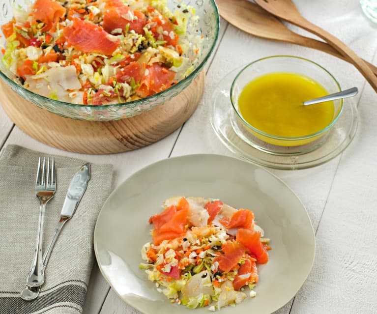 Ensalada de ahumados con vinagreta de alcaparras, mostaza y miel