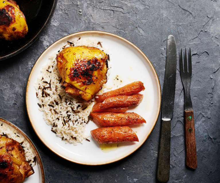 Muslos de pollo picantes con zanahorias glaseadas al vacío TM6