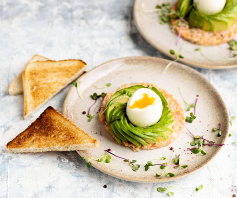 Avocado with egg and salmon tartare