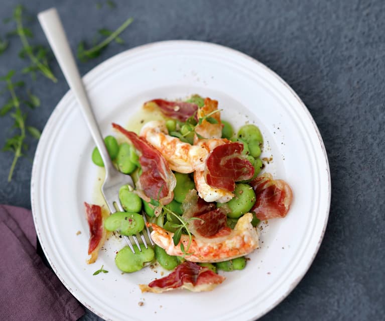 Langoustines aux fèves et pata negra