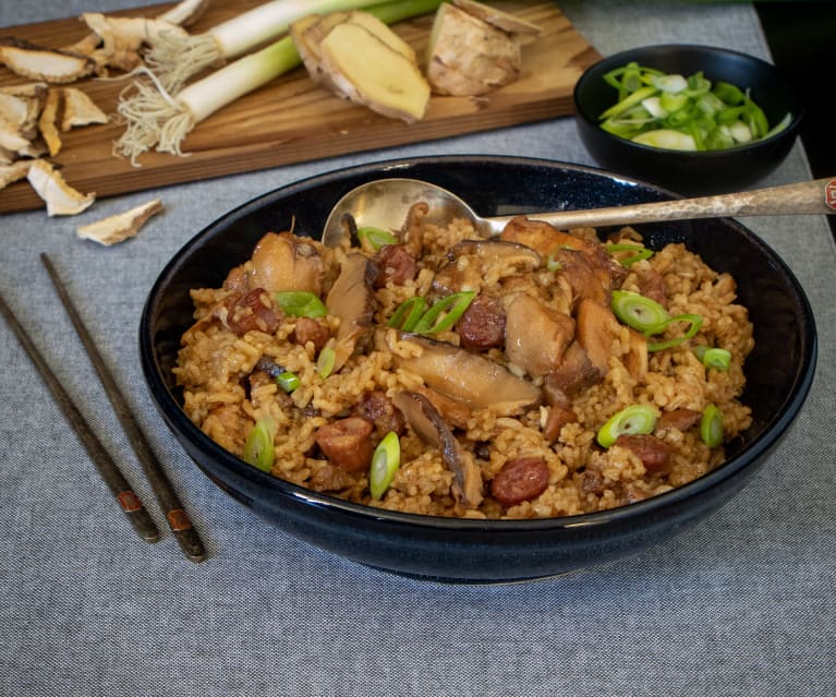 Orange chicken, chicken with mushrooms and rice from Asian Chao