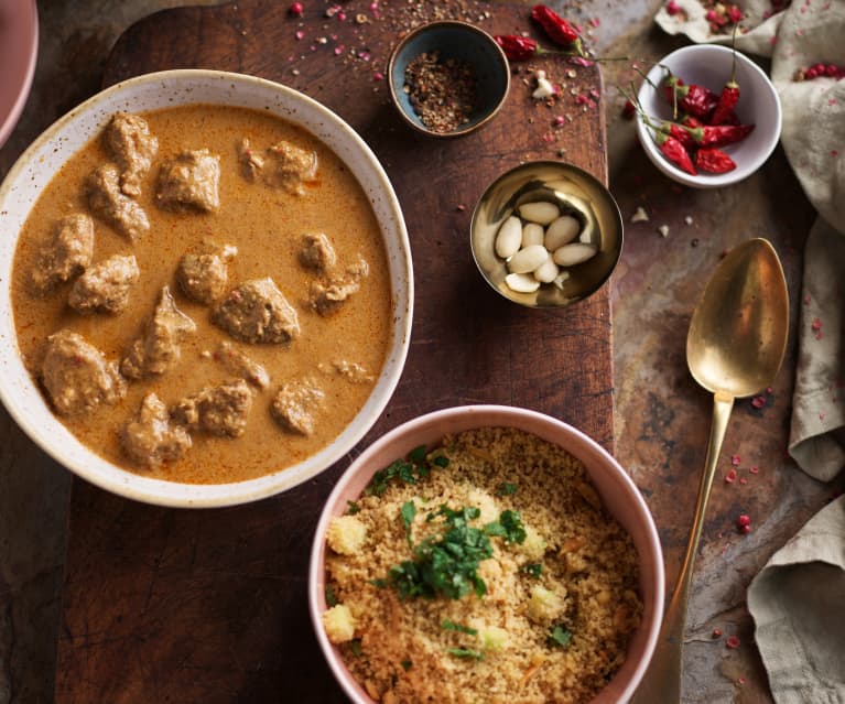 Slow Cooked Beef Curry with Cucumber Mint Couscous