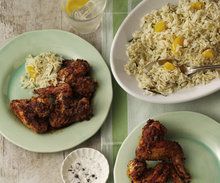 Asas de frango com arroz de laranja e ervas