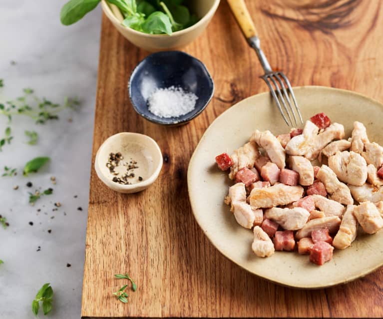 Sautéing Chicken Strips with Pancetta