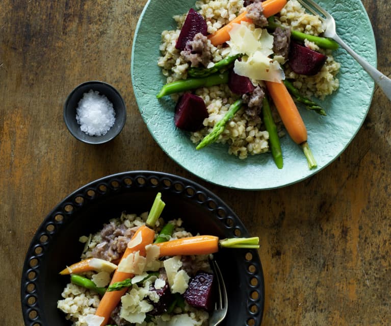 Pearl barley risotto with asparagus