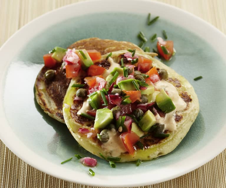 Kartoffel Blinis Mit Tomaten Avocado Salsa Und Meerrettichdip Cookidoo Das Offizielle Thermomix Rezept Portal