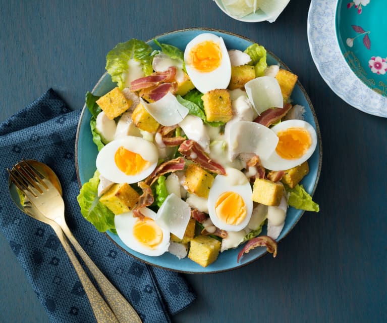 Warm Caesar salad with polenta croutons