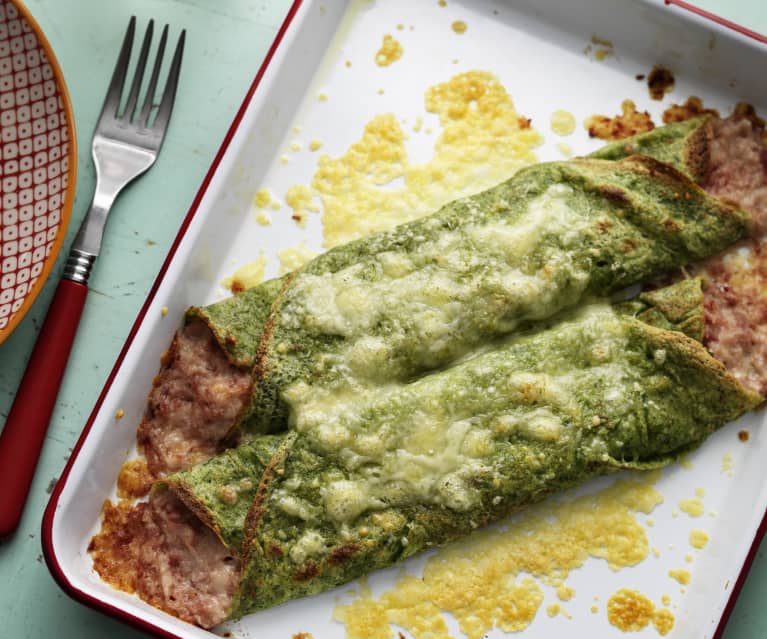 Groene pannenkoeken met ham en kaas