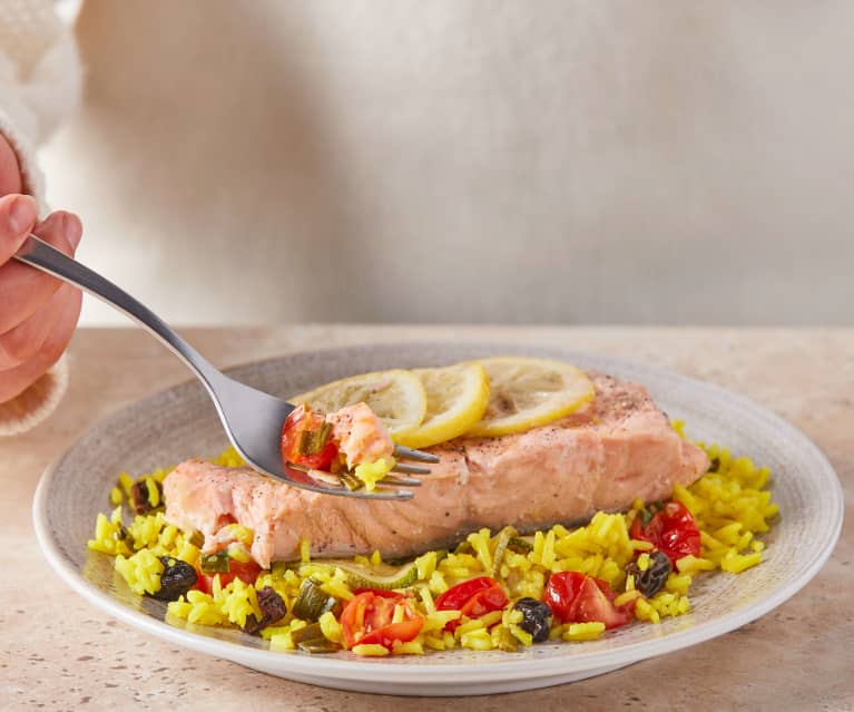 Steamed Salmon and Veggies with Yellow Rice